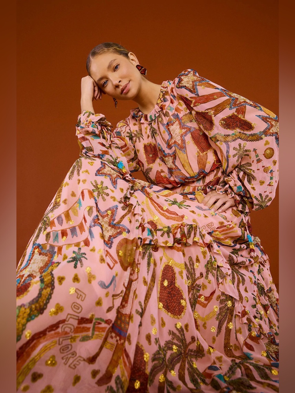Farm Rio Pink Folk Party Maxi Dress